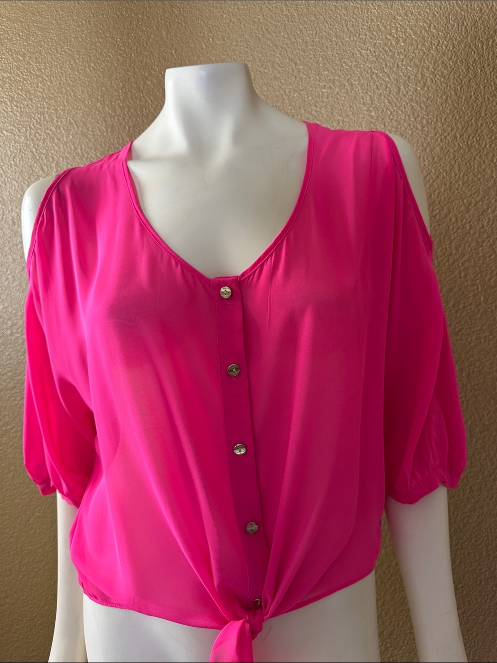 Bisou Bisou Bright Pink Button-Front Tie-Hem Blouse